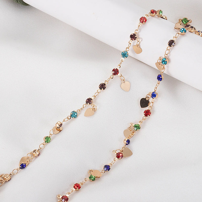 Colorful Glass Beads Chain with Love Heart Charms for DIY Jewelry Making