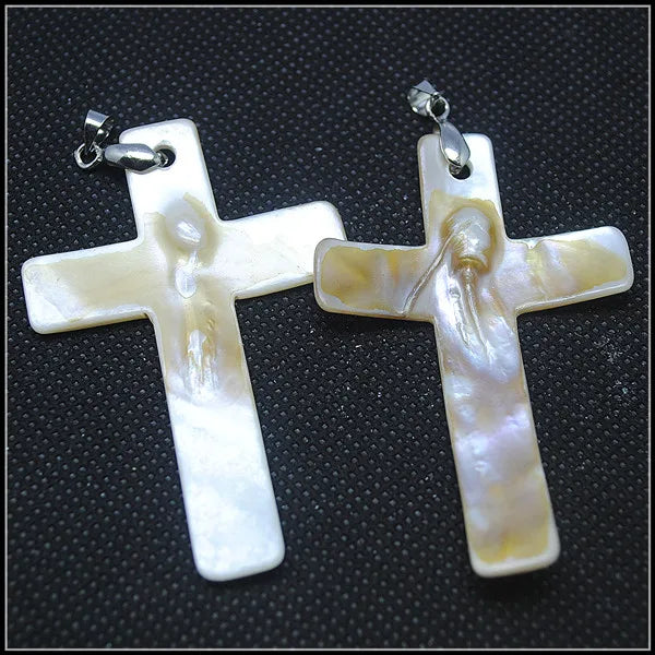 2PC Christian Cross & Shell Pendants, 40x60mm Mother of Pearl Necklace Making