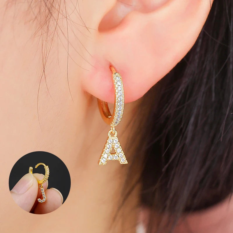 2PC Stainless Steel 26 Letters Earrings Crystal Zirconia Ear Piercing Jewelry