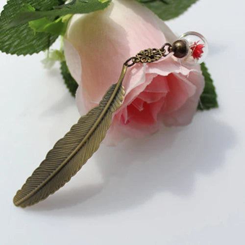 2PCS 16MM Glass Ball Feather Bookmark, Metal Feather Bookmark