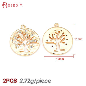 2PCS 18K Brass Zircon Tree Pendants Jewelry Making Supplies