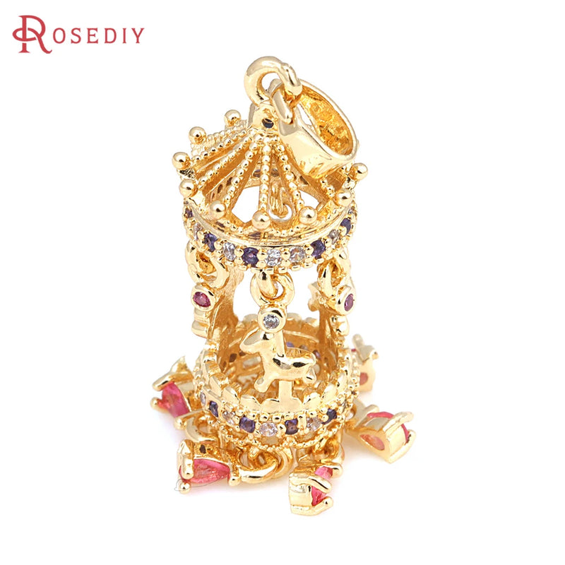 2PCS 18K Brass Zircon Carousel Pendants for DIY Jewelry Making