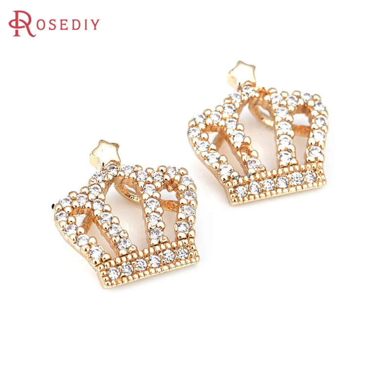 2PCS 18K Brass Zircon Crown Charms Pendants Jewelry Making DIY Supplies