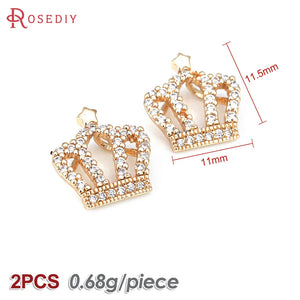 2PCS 18K Brass Zircon Crown Charms Pendants Jewelry Making DIY Supplies
