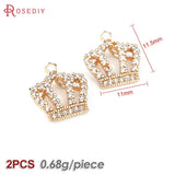 2PCS 18K Brass Zircon Crown Charms Pendants Jewelry Making DIY Supplies