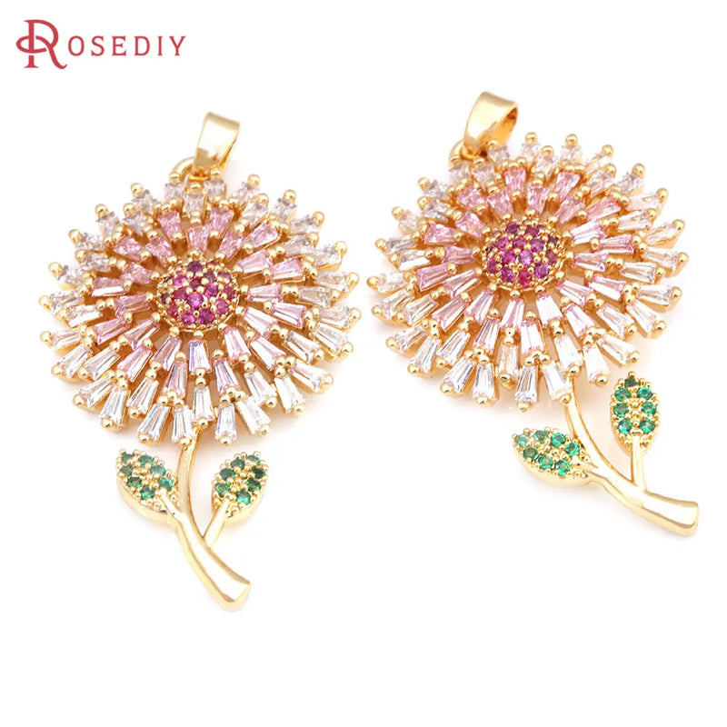2PCS 18K Brass Zircon Flower Necklaces Charms Pendants for Women
