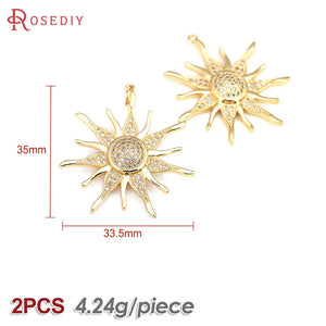 2PCS 18K Brass and Zircon Sun Charms Pendants for DIY Jewelry Making