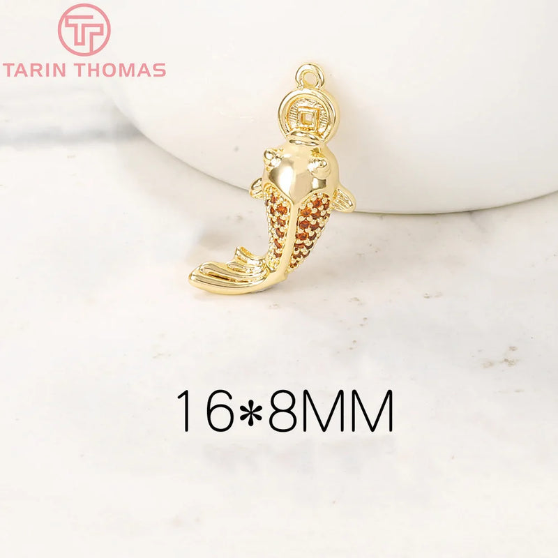 2PCS 8x16MM 24K Brass Zircon Fish Charm Pendants DIY Jewelry Making
