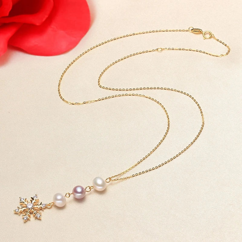 2PCS 14K Gold Snowflake Necklaces with 7MM Freshwater Pearls