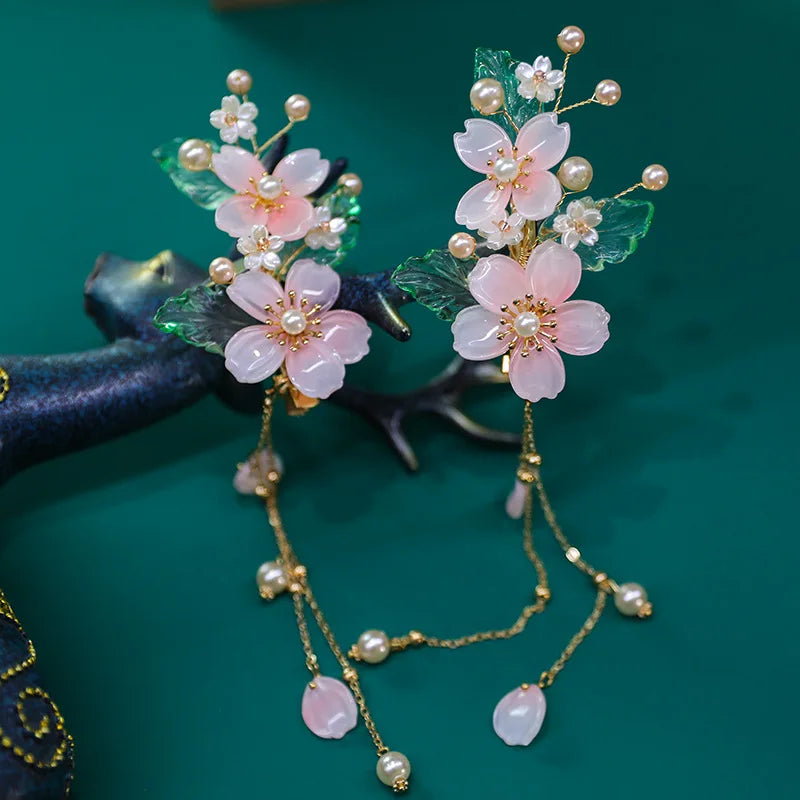 2PCS Floral Fairy Hairpin Tassel Pearl Barrettes Chinese Hanfu Hair Access