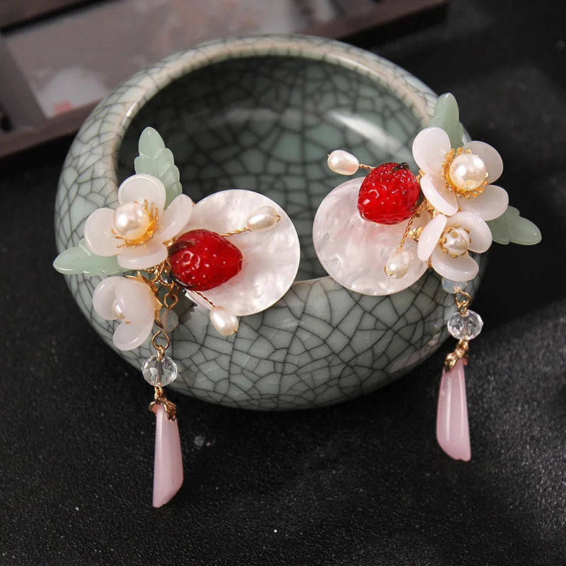 2PCS Chinese Pearl Tassel Hair Clips Vintage Headdress Girls Retro Jewelry