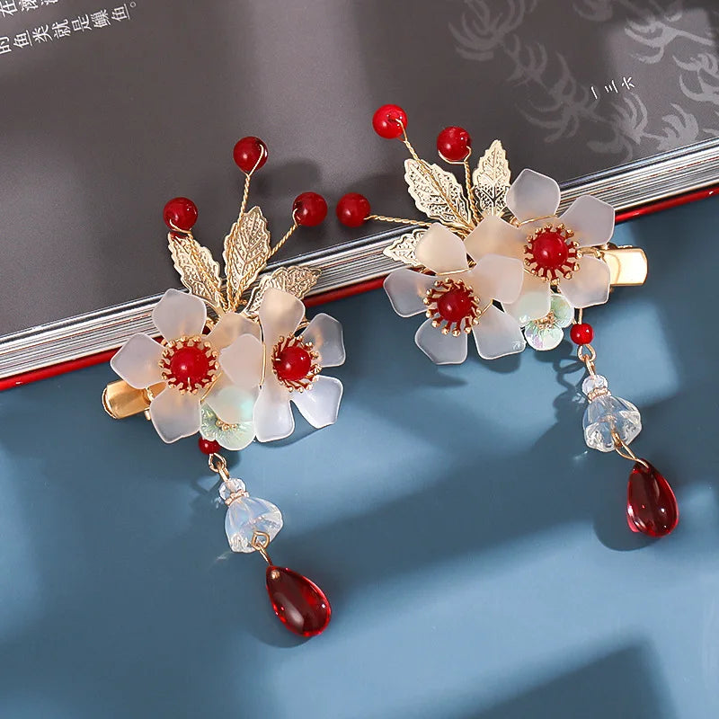 2PCS Chinese Pearl Tassel Hair Clips Vintage Headdress Girls Retro Jewelry