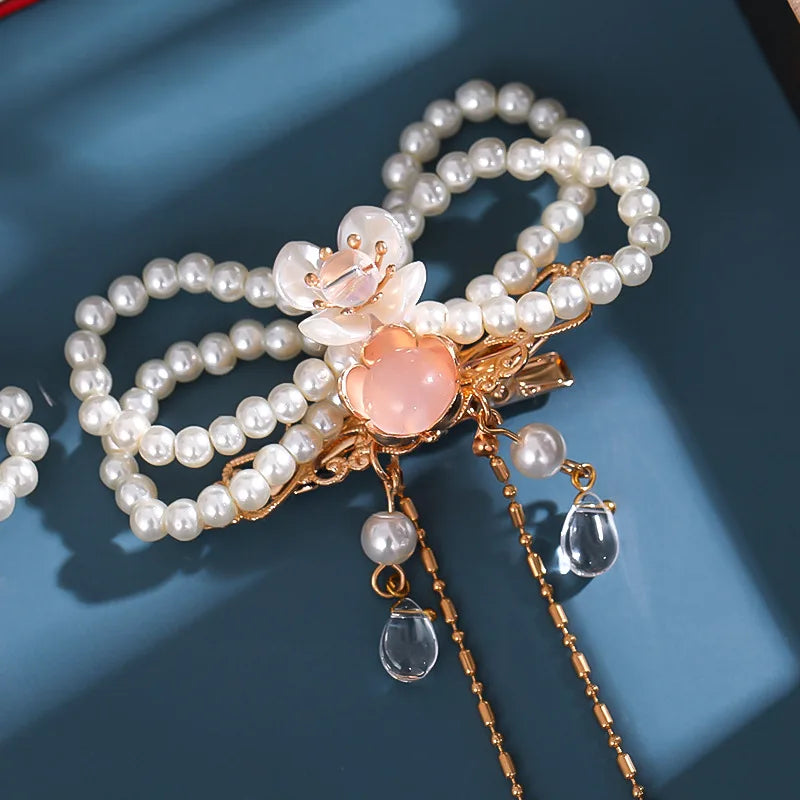 2PCS Chinese Pearl Tassel Hair Clips Vintage Headdress Girls Retro Jewelry