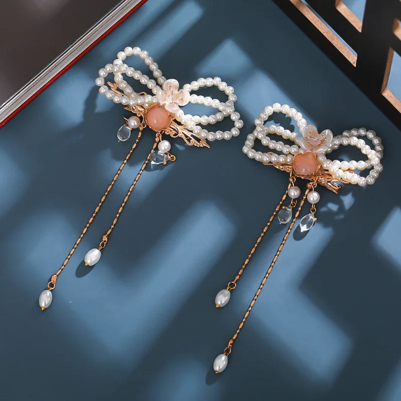 2PCS Chinese Pearl Tassel Hair Clips Vintage Headdress Girls Retro Jewelry