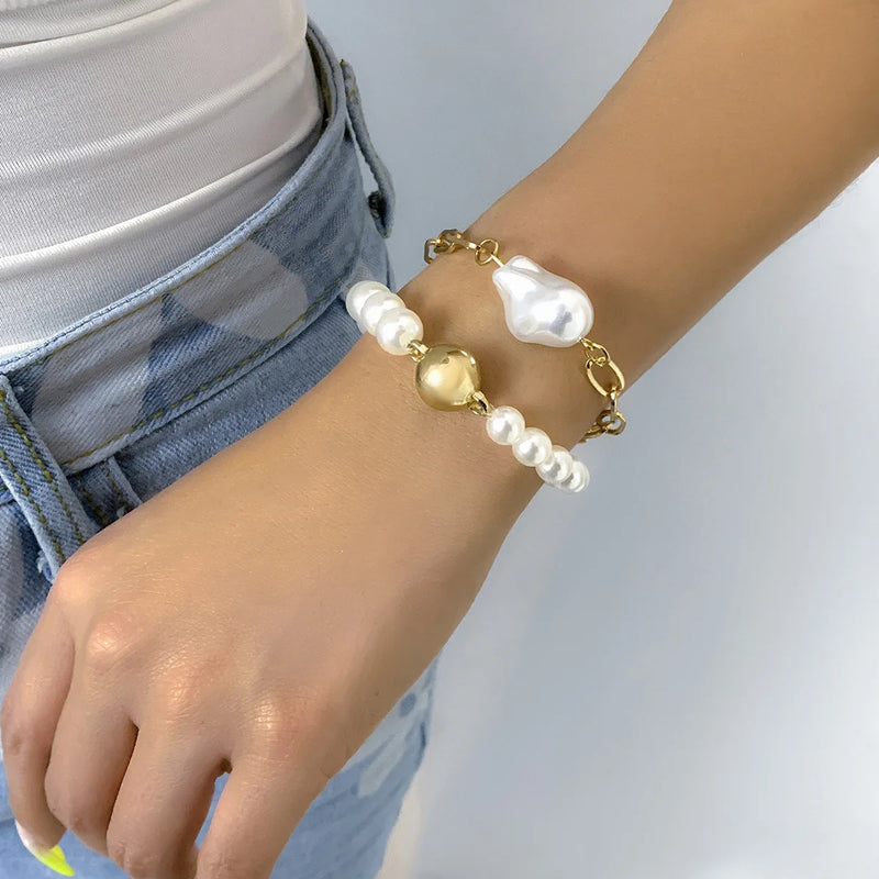 2PCS Plated Dainty Link Bracelets Adjustable Metal Chain Pearl Bracelet Choker