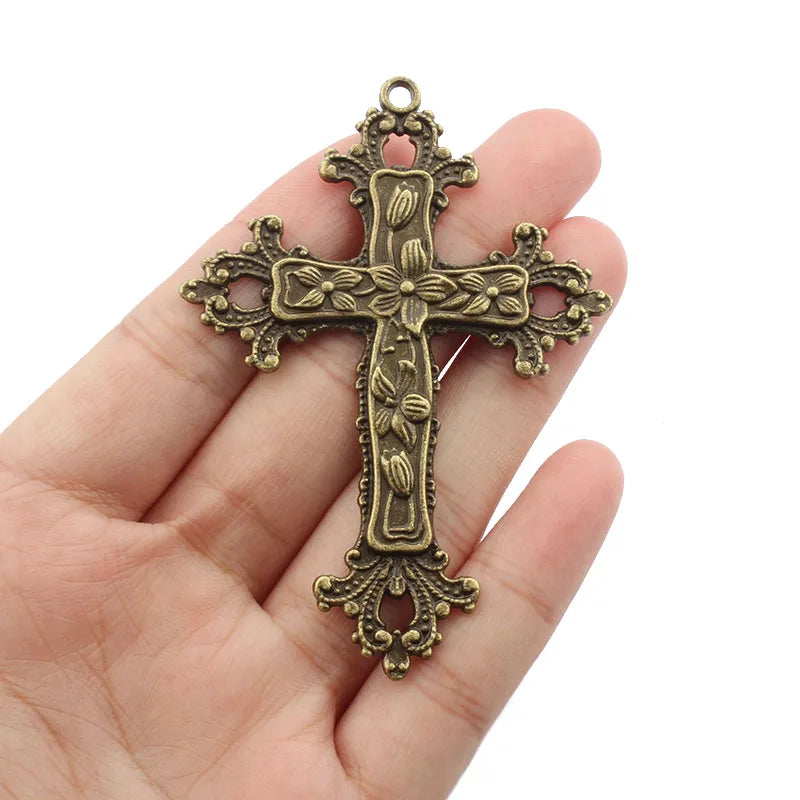 2PCS Antique Bronze Cross Charm Pendant for Necklace Making 74x52mm