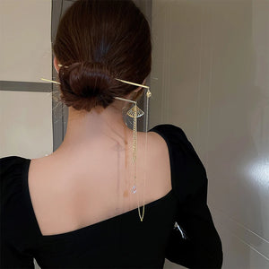 2PCS Tassel Hairpins Golden Alloy Fan Shaped Headpiece Charm Hair Jewelry