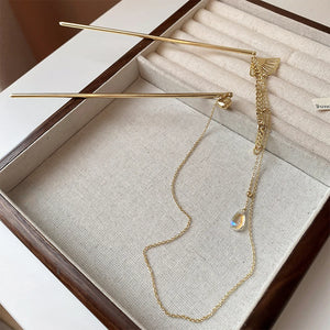 2PCS Tassel Hairpins Golden Alloy Fan Shaped Headpiece Charm Hair Jewelry