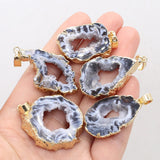 2PCS Natural Agate Pendant Irregular Gilt Edge Rough Stone Charms For Jewelry