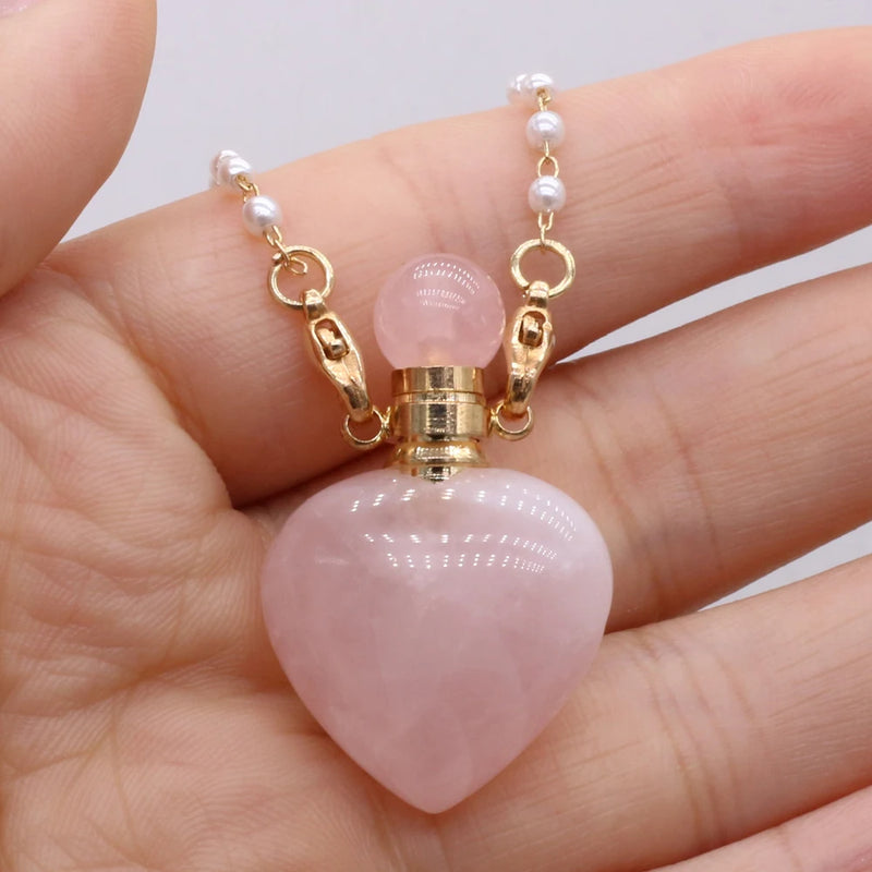 2PCS Rose Quartz Heart Perfume Bottle Pendant Necklace DIY Jewelry Making