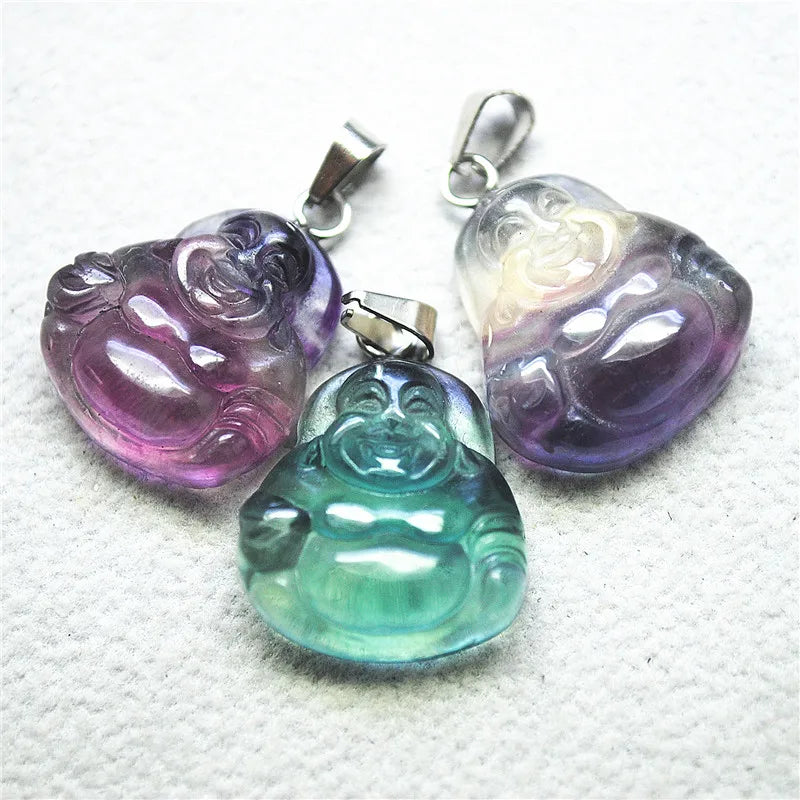 2PCS Fluorite Stone Smile Buddha Pendants 20X18MM Good Quality