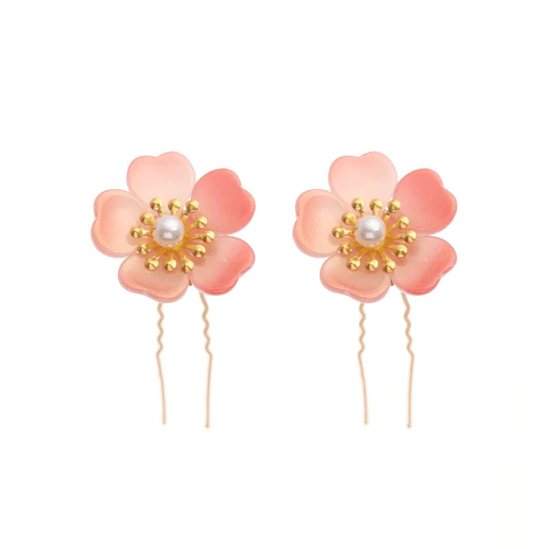 2PCS Pink Flower Hair Clips Bride Hair Forks Tiara Women Hair Pins