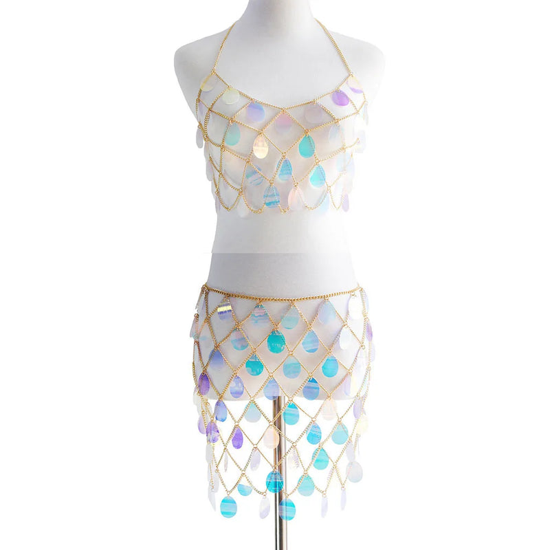 2PCS Women Sequins Body Chain Halter Bra Top Chest Chain Girl Accessories