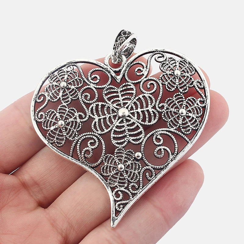 2PCS Tibetan Silver Filigree Flower Heart Charms Pendants DIY Jewelry Findings