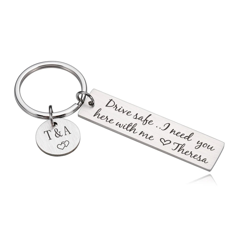 2PCS Drive Safe Keyring with Initials Names Engraved Gift