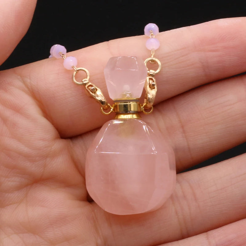 2PCS Rose Quartz Heart Perfume Bottle Pendant Necklace
