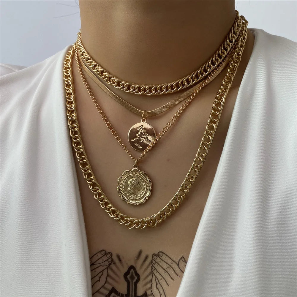 Vintage Portrait Pendant Necklace Cuban Chunky Choker Statement Jewelry