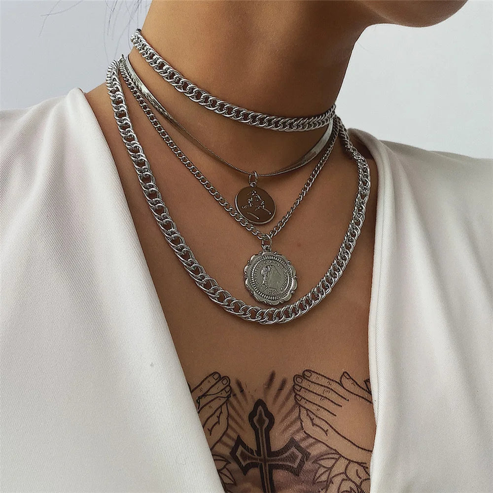 Vintage Portrait Pendant Necklace Cuban Chunky Choker Statement Jewelry