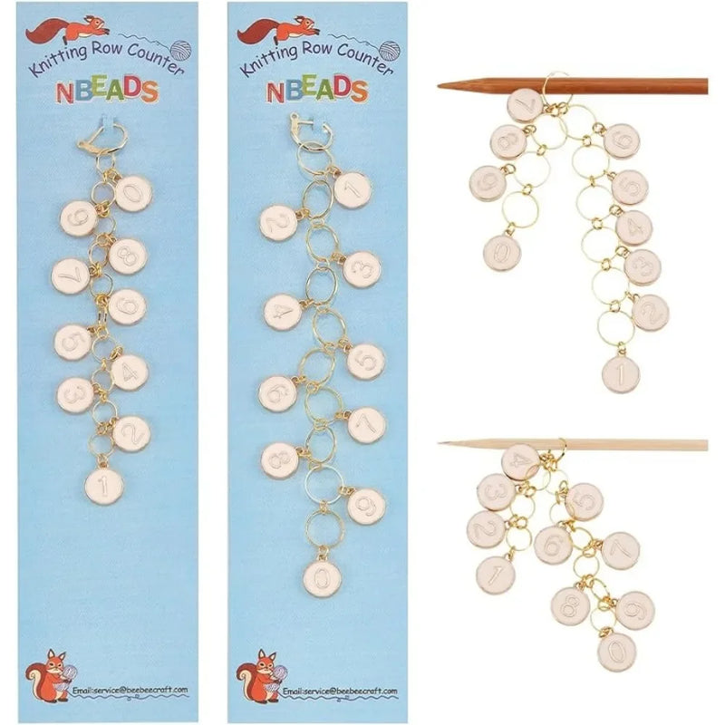2Pcs Flat Round Charm Knitting Row Counter Chains Numbers Enamel Stitch Marker