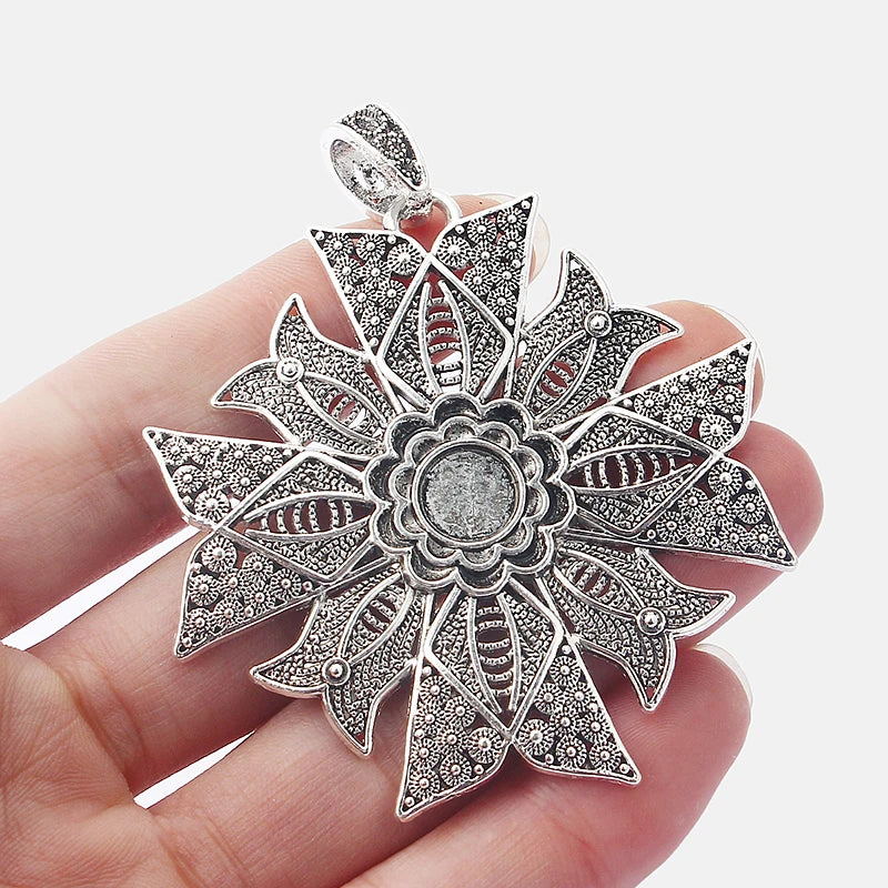 2Pcs Antique Silver Flower Cross Charms Pendant with 10mm Round Blank Setting
