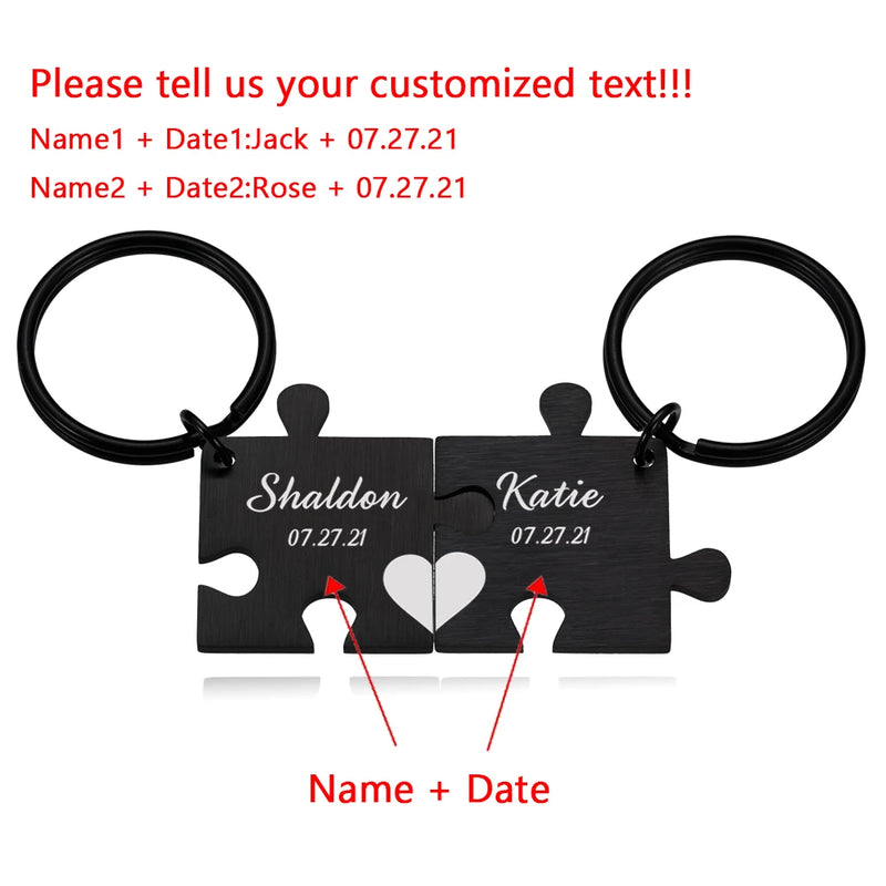 2Pcs Jigsaw Shape Stainless Steel Keychain Couple Anniversary Gift