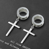 2Pcs Dangle Cross Ear Plugs Stainless Steel 4m-25mm