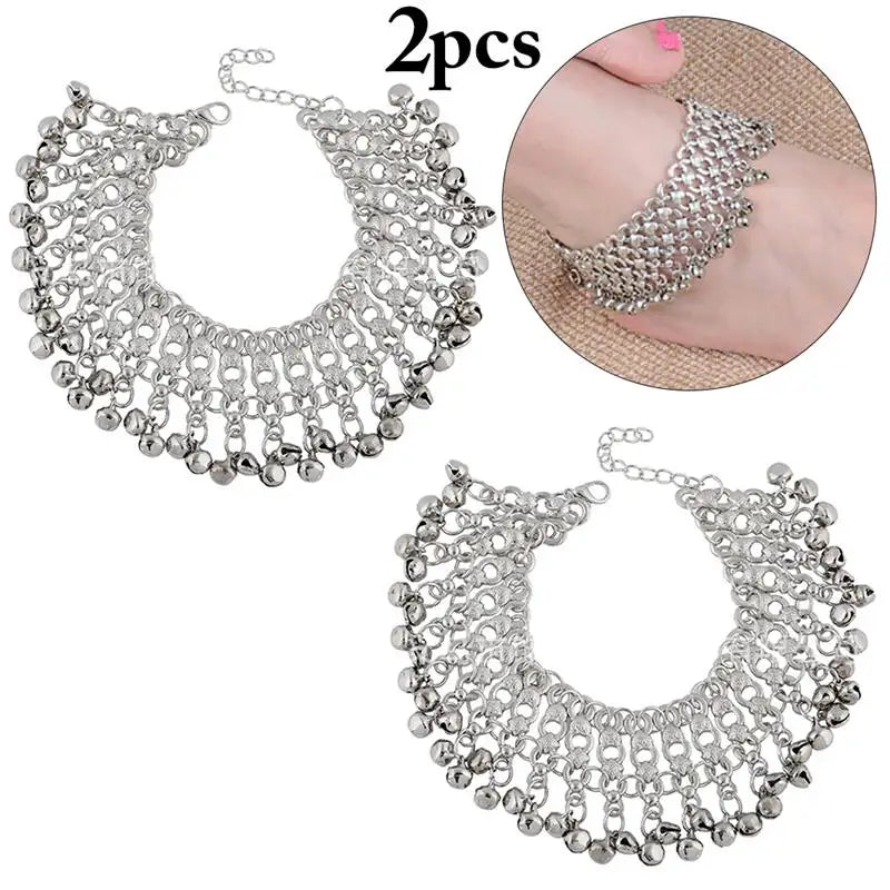 2Pcs Bell Decor Anklet Tassel Ankle Bracelet Barefoot Jewelry