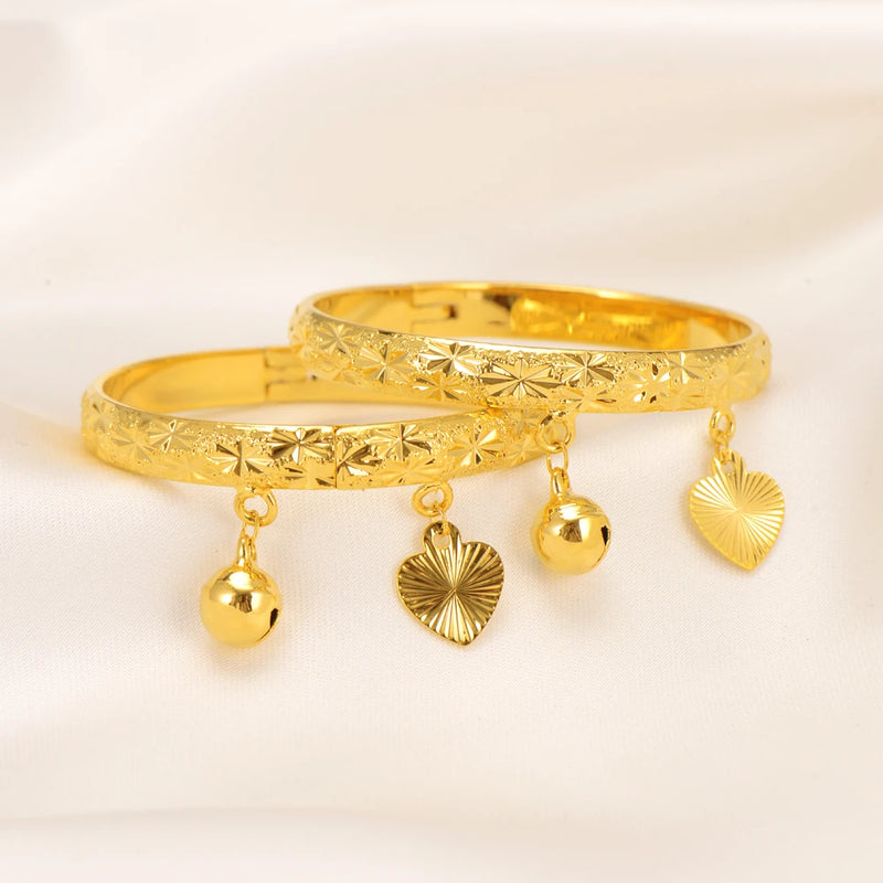 2Pcs Bell Heart Baby Bangle Bracelet Kids Bangles Jewelry