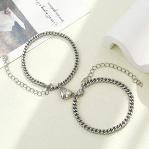 2Pcs Heart Magnet Bracelet Stainless Steel Cuban Chain Couple Heart Charm