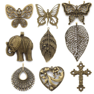2Pcs Antique Bronze Elephant/Butterfly/Leaves/Cross/Hollow Heart Charms