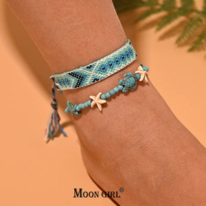 2Pcs Bohemian Beads Anklet Set Women Macrame Bracelet Leg Foot Chain Strap