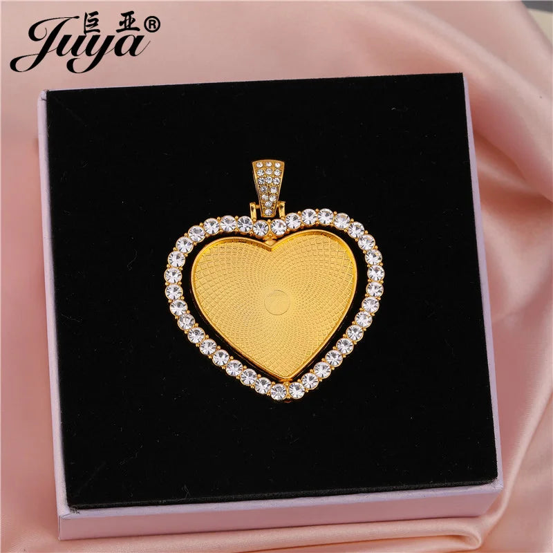 2Pcs Heart Pendant Base Rhinestone Charms, 30mm Double-Sided Blank Tray