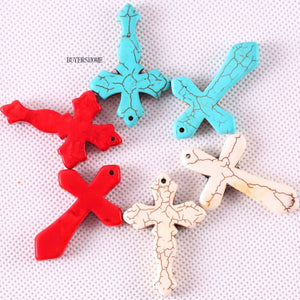 Natural Stone 29X44MM Red Green Howlite Cross Beads Pendant Necklace