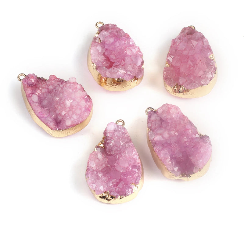 2 Pcs Pink Druzy Quartz Stone Pendants for Jewelry Making DIY