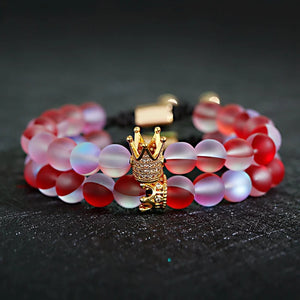 Couple Bracelets 8mm MoonStone Bead&CZ Crown Bracelet