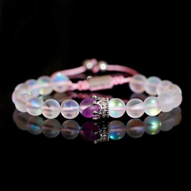 Couple Bracelets 8mm MoonStone Bead&CZ Crown Bracelet