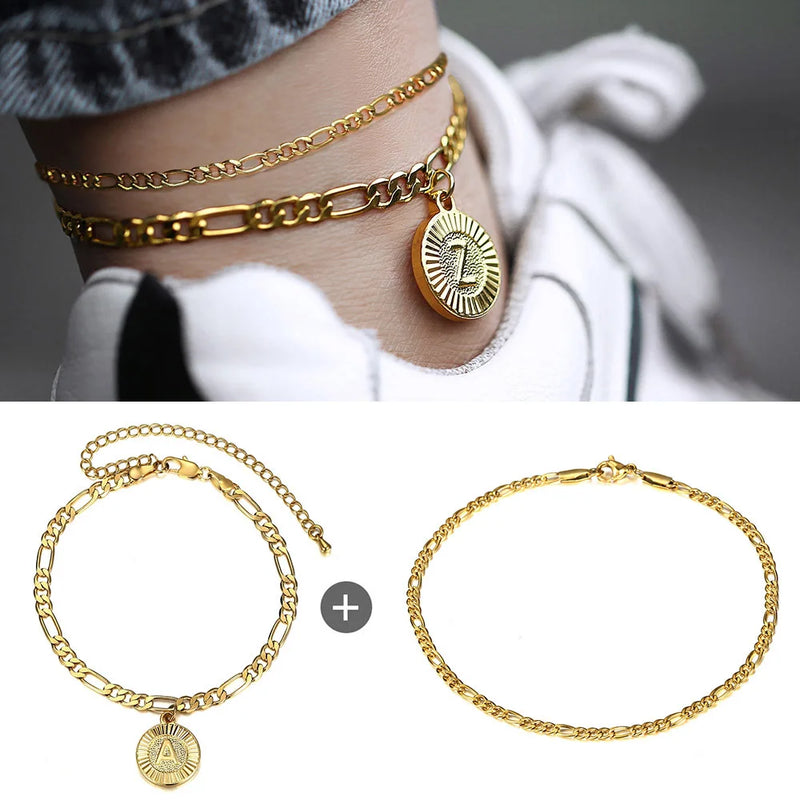 2Pcs Stainless Steel Initial Letter Anklet Set for Women