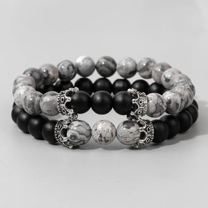 2Pcs Natural Map Stone Beads Bracelet with Crown Charm 8mm