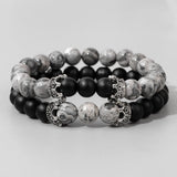2Pcs Natural Map Stone Beads Bracelet with Crown Charm 8mm