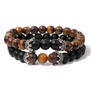 2Pcs Natural Map Stone Beads Bracelet with Crown Charm 8mm